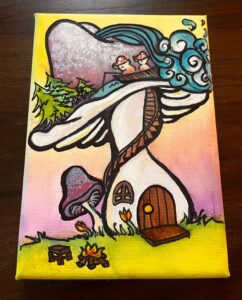 Whimsical painting of mushroom house and nature scene