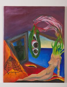 Surrealist painting of women with head of vines that grows into veins of a hand that hold a pea pod containing 3 eyes