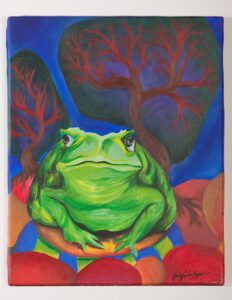 Surrealist painting of a frog in front of a undulating dreamy background of vibrant shapes and colors