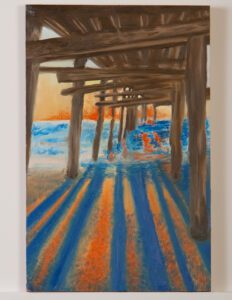 Painting of Sunrise under the Pier with waves washing. Created with vibrant blue shadows and fiery skies