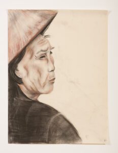 Charcoal drawing of elderly woman in traditional Chinese clothing and pointed bamboo hat