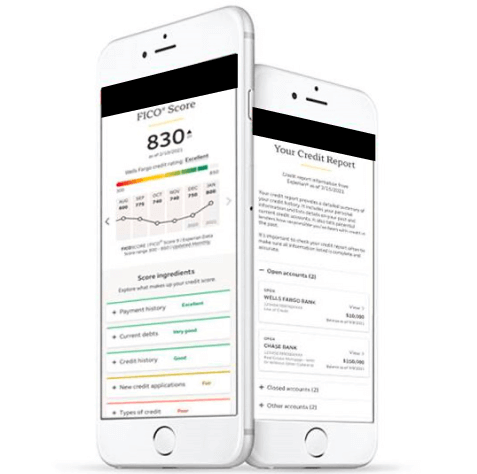 Mobile Credit heath check app showing example FICO sore as well as details about what makes up the score such as payment history and its current standing