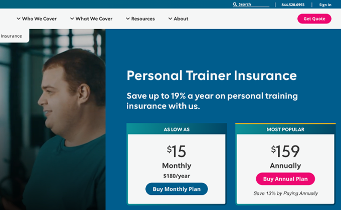Personal Trainer landing page header showing different price tears and a background image of a man giving a 5 five with his workout partner