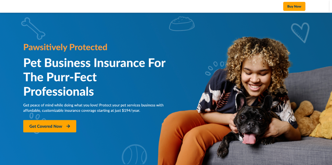 Hero section for a pet insurance landing page that includes a quote app button