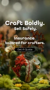 Art and Crafter Insurance Ad of handmade woolen human heart decorated with beads and gems