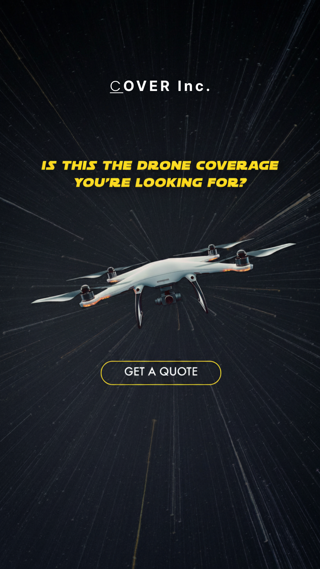 Drone Insurance Ad depicting a drone flying through hyperspace