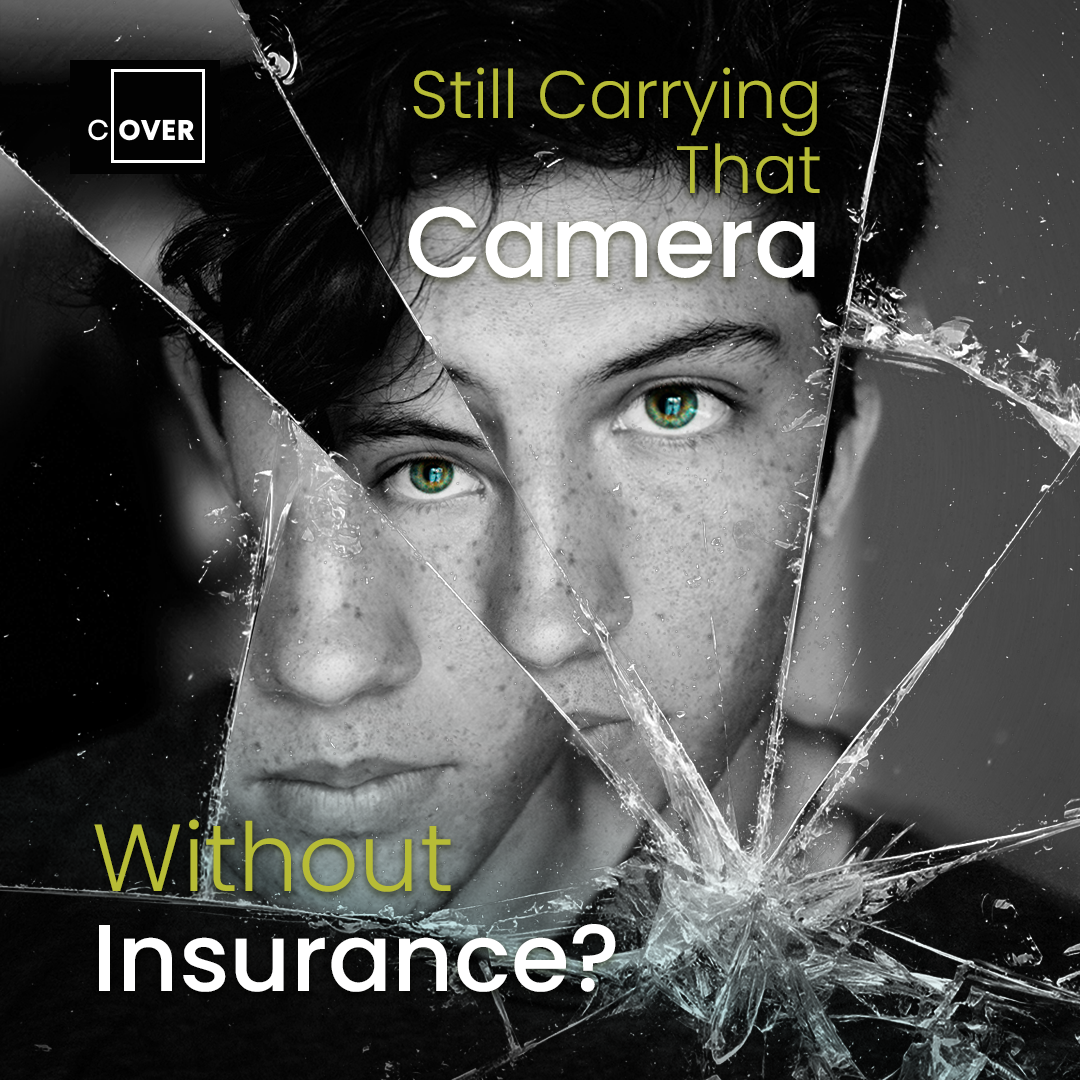 A young man looks directly at the viewer through a broken camera lense and wording titled " Still Carrying that Camera without Insurance?"