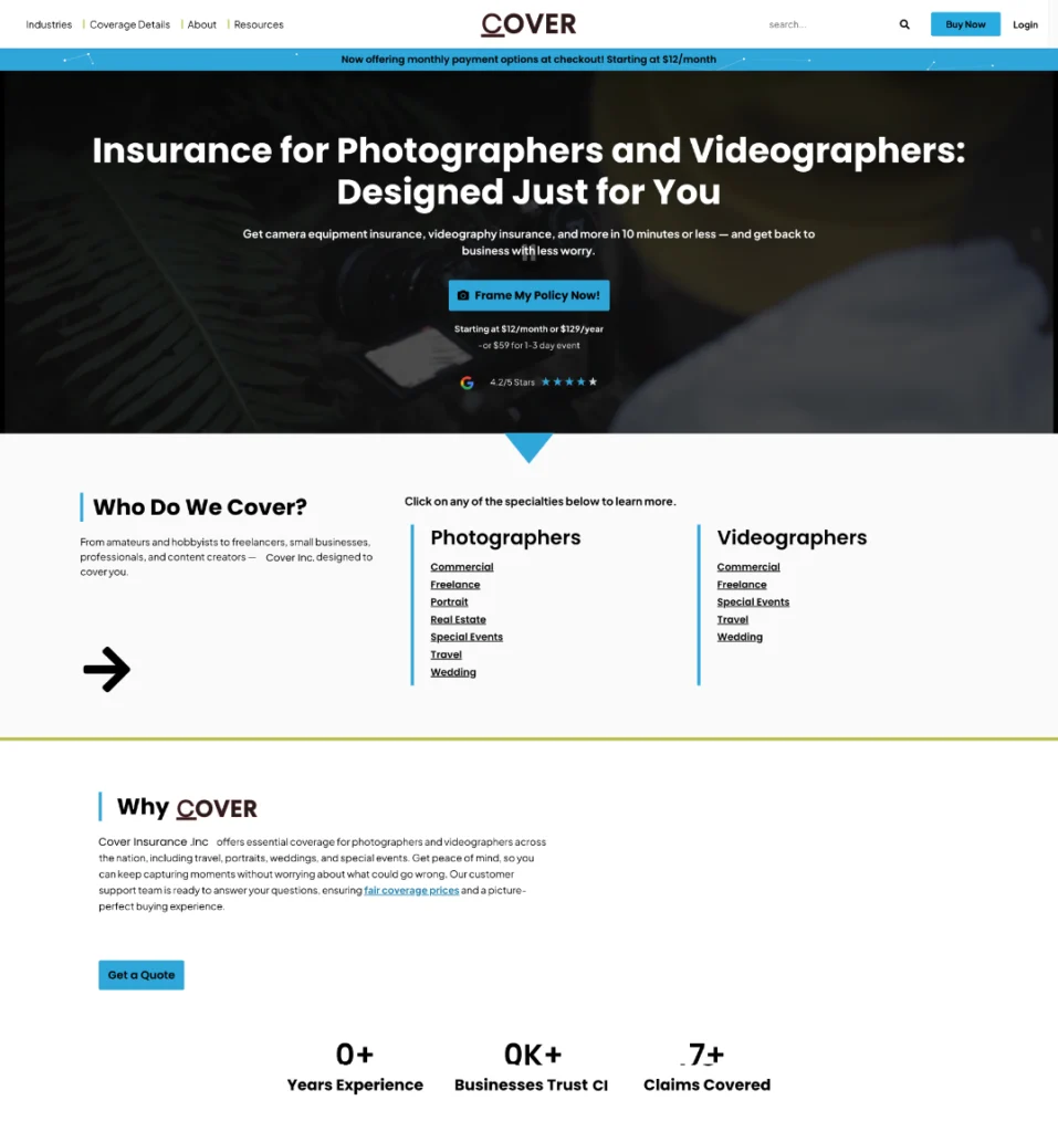 Hero and two sections of a landing page for Cover Insurance which describe Who and Why choose Covered and a quote portal button